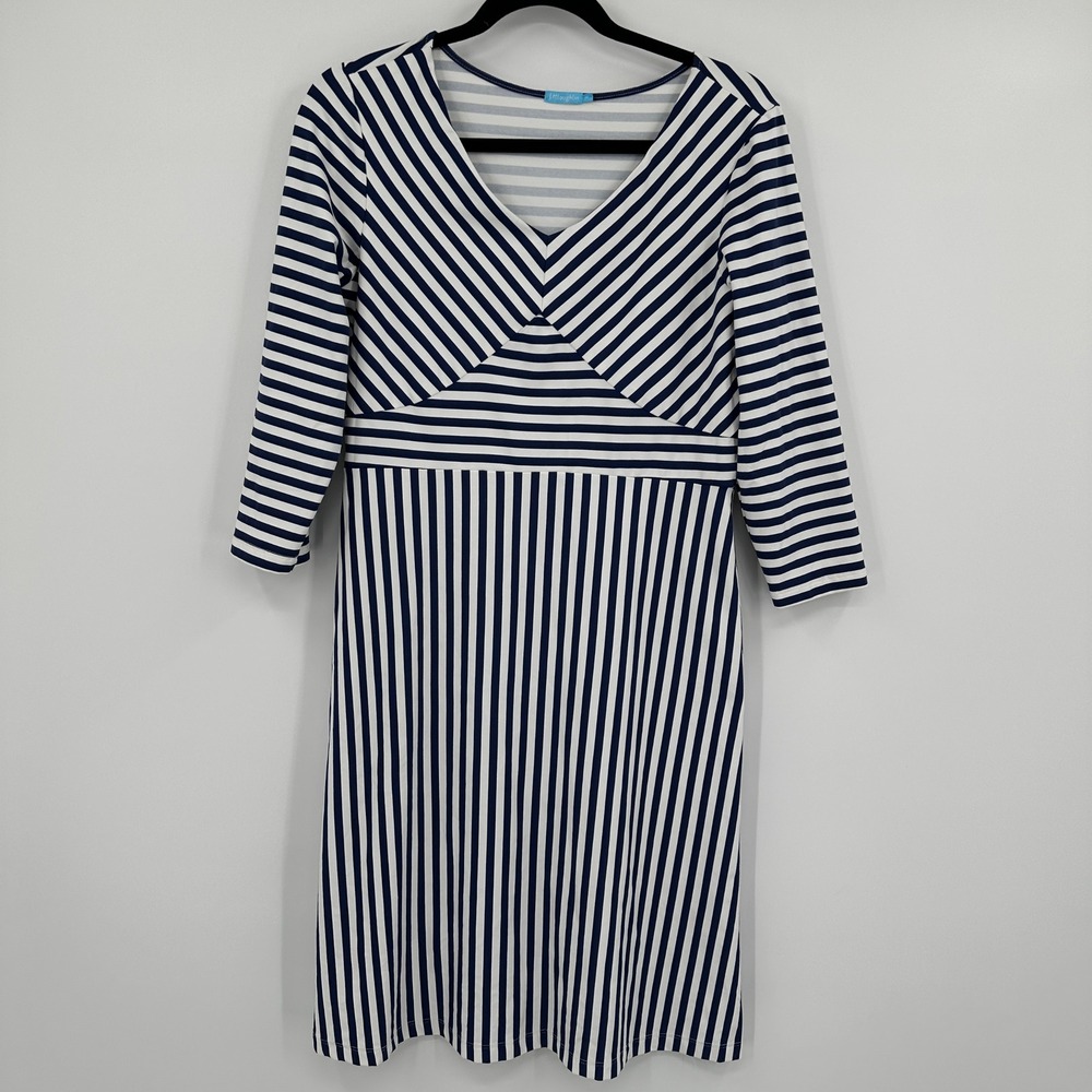 J. McLaughlin Striped Ponte Knit Dress‎ V Neck 3/4 Sleeve Navy Blue White M